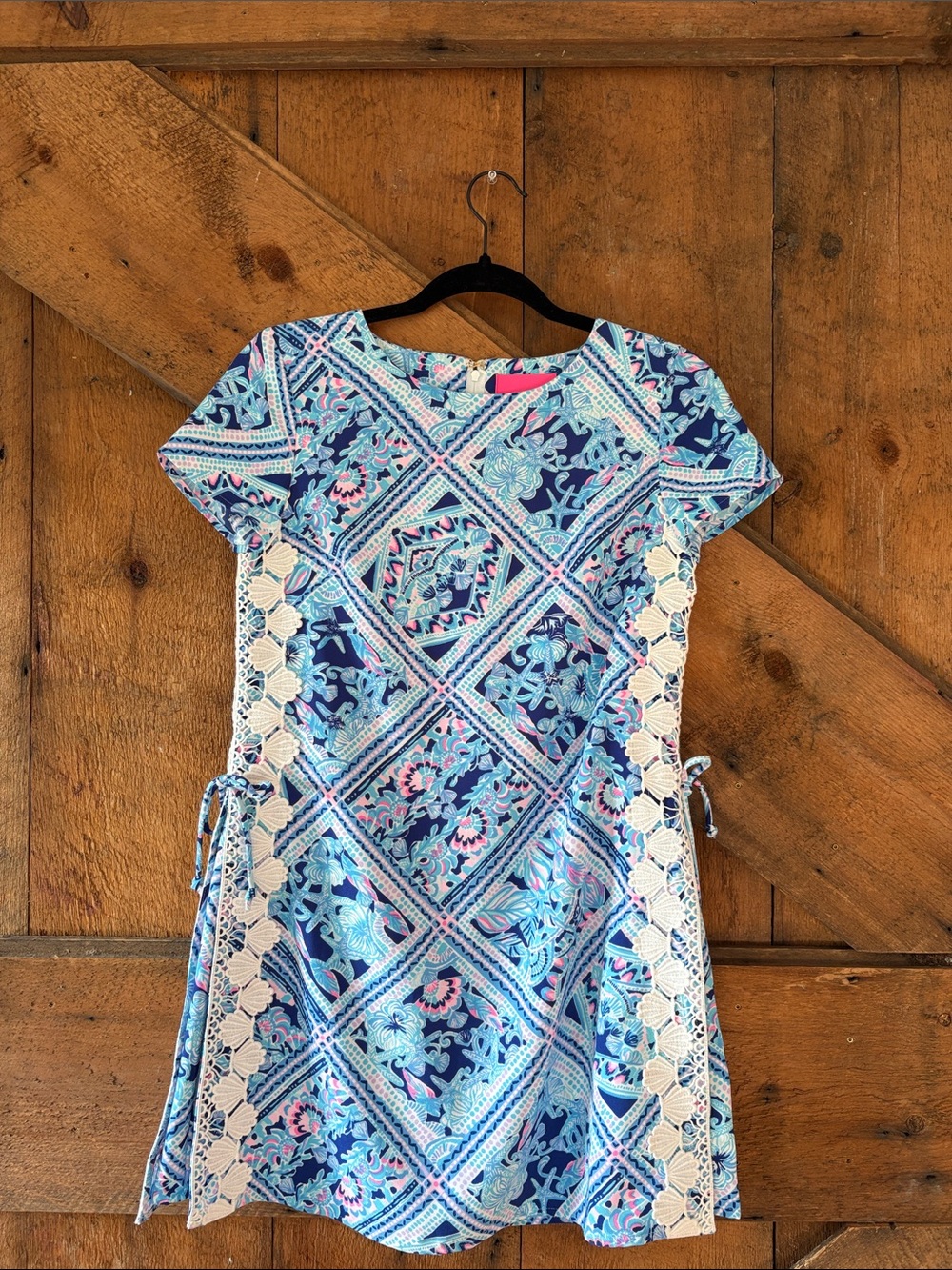 Lilly Pulitzer Shift Romper Dress Blue Pink Tropical Lace Trim Side Ties 0012
